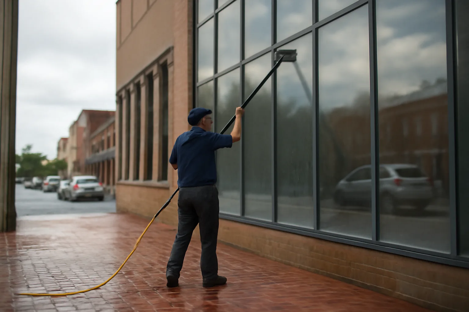 Window cleaner using a pole on a glass storefront in Delaware