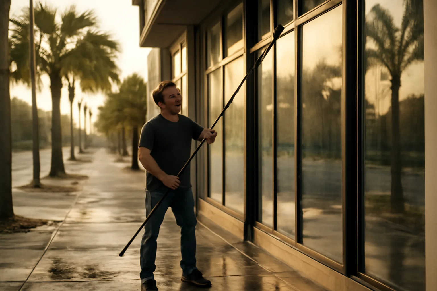 Worker washing storefront windows at sunrise on a Tampa street