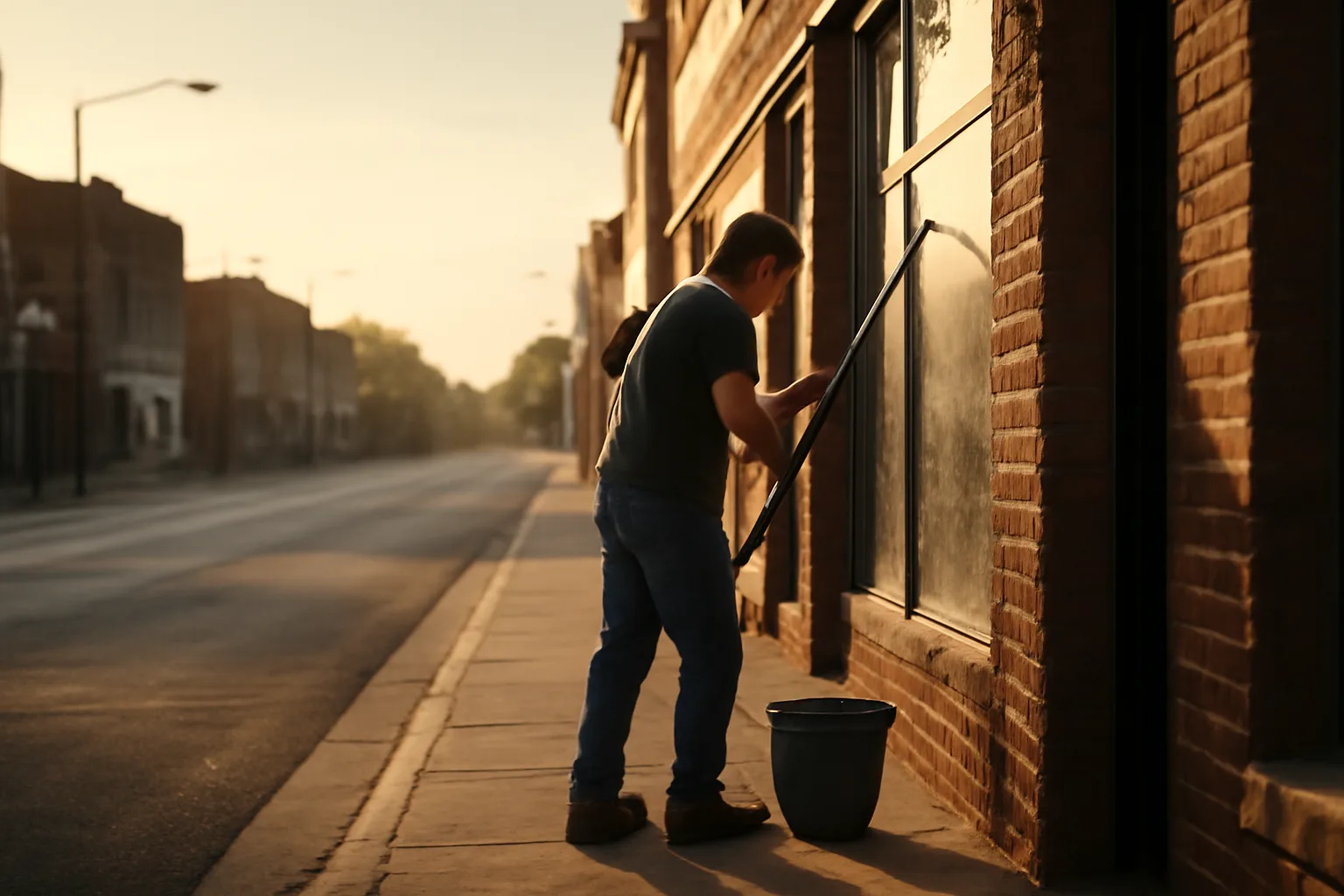 Window cleaner with squeegee washing a storefront window on a South Dakota main street