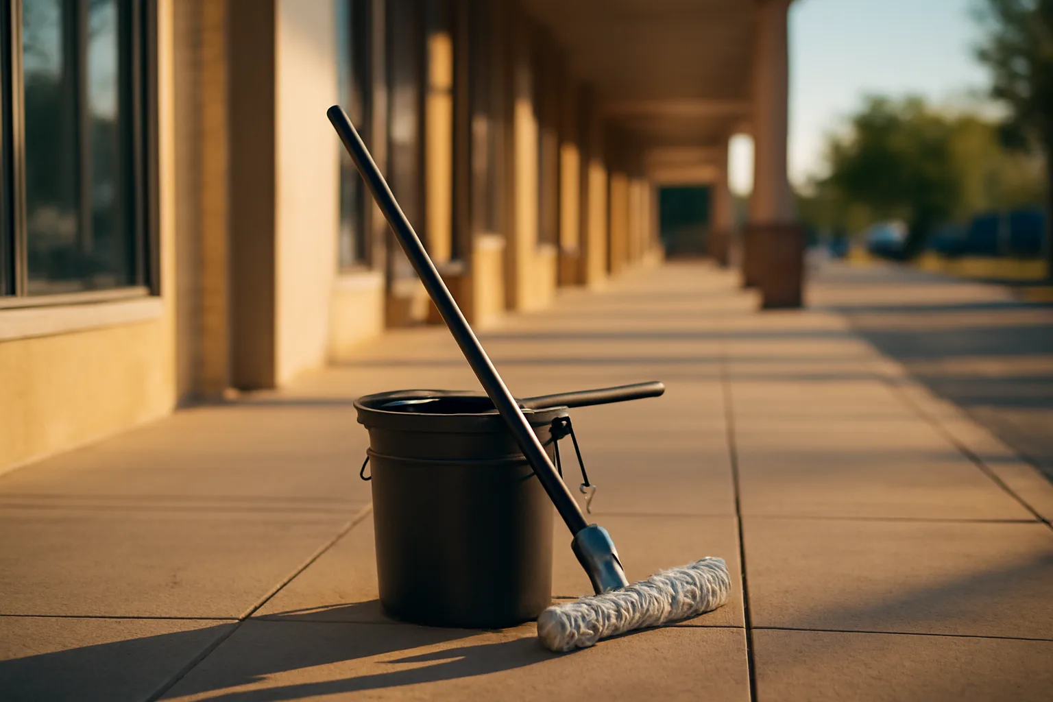 Squeegee and bucket on a Texas sidewalk outside storefront windows